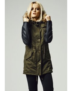 Jachetă parka pentru femei // Urban classics Ladies Leather Imitation Sleeve Parka olv/blk